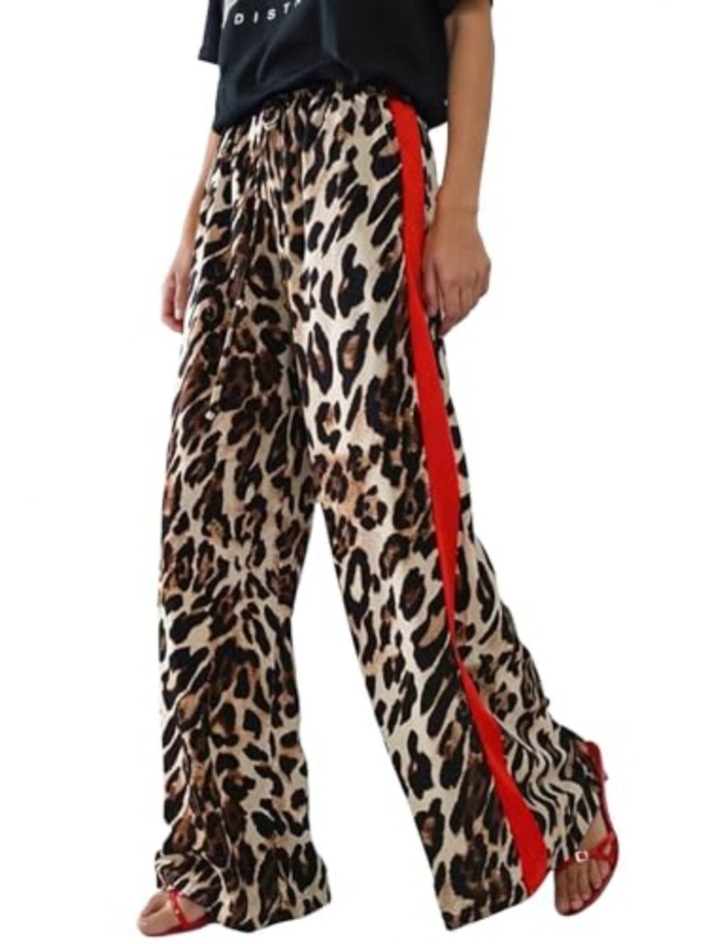 New‎ - Women's Leopard Wide Leg Pants Casual Side Striped High Waisted